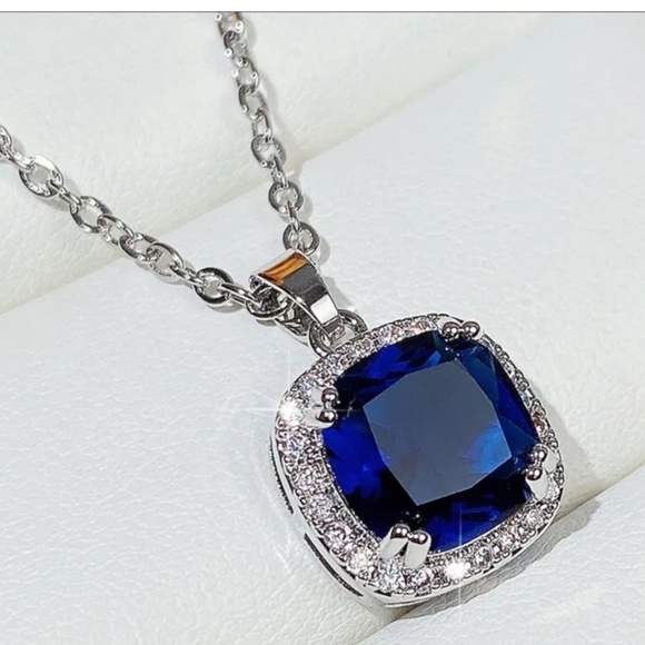 Boutique Jewelry - Cushion Cut Blue Sapphire Cz Diamond Halo Necklace